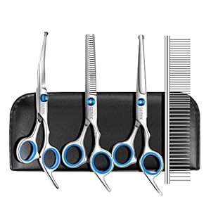 GEMEK Set de ciseaux de toilettage professionnels pour chiens avec pointes rondes de sécurité – Ciseaux à épiler, droits, courbés et peigne pour chien, chat et animal de compagnie (Bleu-5 en 1)