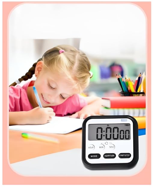 Image of Stopwatch Timer for Study Kitchen Timer Large LCD Screen 24hr Digital Display Magnetic Retractable Stand Loud Alarm Countdown Flashing Light for Students Cooking Black