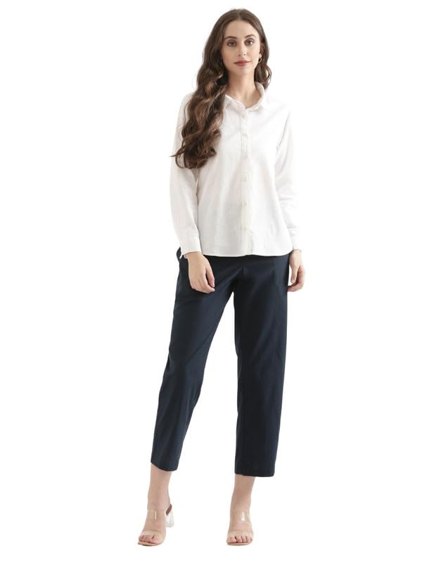 Image of SAADAA Women's Airy Linen Straight Pants | Regular Fit Trousers | Half Elasticated with Drawstrings & Buttons | 4 Pockets | Everyday & Office Wear