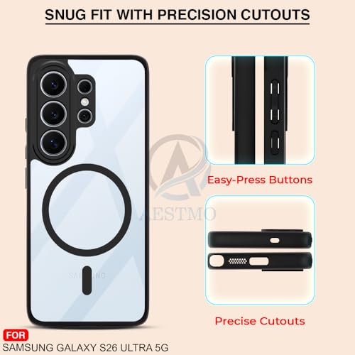 Image of AESTMO Samsung S26 Ultra 5G Back Cover | 360 Protection | Crystal Clear Hard Back Transparent | Compatible with MagSafe Accessories (PC+TPU, Black Bumper)