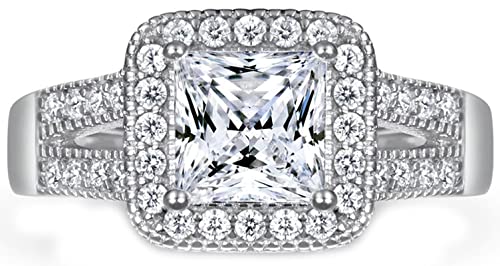 AMDXD Anillo de boda de plata 925, anillos con cuadrado clásico, anillos de plata con bolsa de joyería, joyería para mujer, Plata de ley, Zirconia cúbica