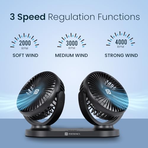 Image of Portronics Twin Cool Dual Head Portable USB Powered Fan With 360 Rotatable Head, 3 Speed Control, Ultra Silent Operation, Brushless Motor, Suitable For 12 /24V Car,SUV,Bus,Desk,Home Fan(Black)