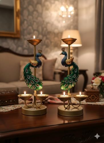 Peacock Candle Holders Set of 2 - Decorative Brass Tea Light Stan...