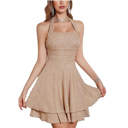 Sparkly Halter Dress for Women, Sleeveless Cocktail Party Square Neck Sparkling Dresses Backless Women's Evening Clubwear