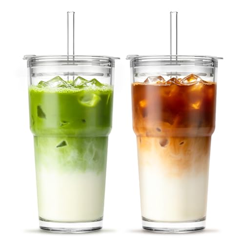 INSETLAN 590ml Clear Glass Cup with Lids and Straws 2 Pack Ice Coffee Cup Drinking Glasses with Straw for Smoothie Latte Iced Coffee Matcha and More Elegant & Durable