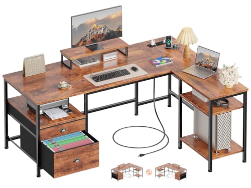 Image of Furologee L Shaped Computer Desk with Power Outlet, Reversible Home Office Desk for Work Study, 50 Inch Corner Gaming Table with File Drawer, Monitor Stand, Storage Shelves, Rustic Brown
