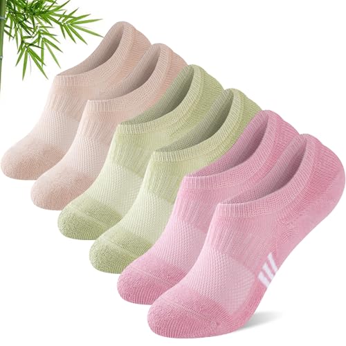 Stoeury Bamboo No Show Trainer Socks for Womens 3 Pairs, Low Cut Non Slip Sports Socks, Breathable Summer Invisible Ankle Sock for Walking, Running and Daily Use, Multi UK 6-8