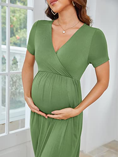 Xpenyo Maternity Dress Casual Short Sleeve Wrap Ruched Maxi Long Baby Shower Dresses Olive Green Xl #TOP2