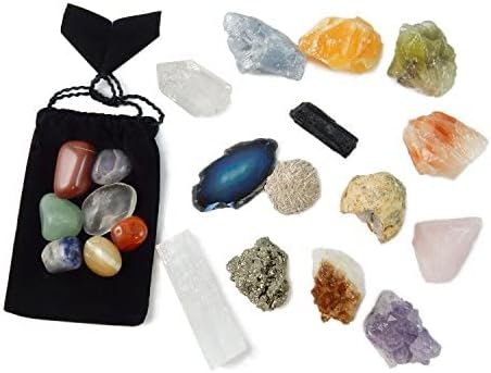 21 Healing Crystals and Chakra Kit: Amethyst, Selenite, Pyrite, Clear Quartz, Half Geode, Rose Quartz, Citrine, Desert Rose, Agate, Tourmaline and 4 Calcites (Red,Green,Blue,Orange) + 7 Chakra Stones