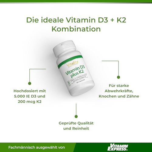Vitamin D3 K2 Hochdosiert Vitamin D 5000 IE & K2 200 mcg Premium All Trans MK7. 90 Mini-Kapseln Hochdosiert. hohe Bioverfügbarkeit, frei von Zusatzstoffen. Vitality Nutritionals by VitaminExpress