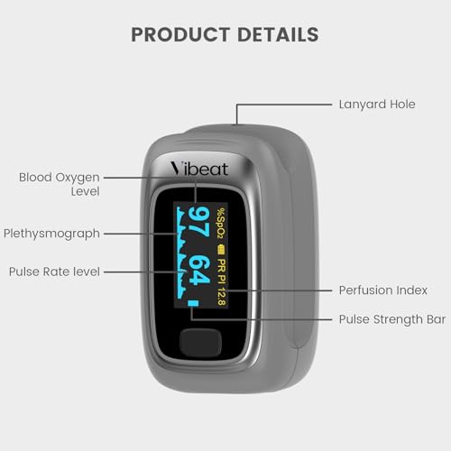 Fingertip Pulse Oximeter, Vibeat Portable SPO2 Monitor with Pulse Rate, Finger Blood Oxygen Saturation Meter with 12 Sets of Data Records, Gray - Image 6
