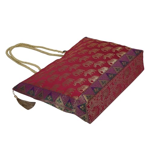 Image of Designer Ethnic Handmade Brocade Silk Tote Bag For Women's Shoulder Bag Shopping Bag For Girls 16 Inch