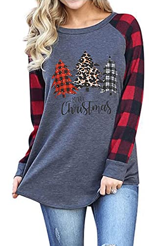 picture of a woman wearing a grey long-sleeved shirt with red and black plaid sleeves with 3 varied patterned Christmas trees and text that says, Merry Christmas; includes a link to purchase on Amazon