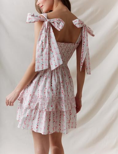 Image of Women Tie Shoulder Mini Dress Floral Ruffle Babydoll Dress Boho Square Neck Sundress Cute Summer Dresses