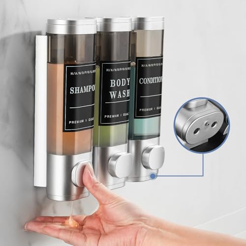 Image of Shower Soap Dispenser Wall Mounted No Drill Shampoo Dispenser for Shower Wall Shampoo and Conditioner Dispenser Bathroom Hotel 3 * 300ml with Waterproof Labels Sliver