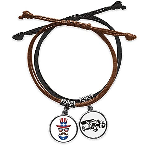 Bracelet corde main Oncle Sam homme et femme avec chaîne cuir véritable marron