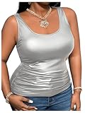 MakeMeChic Women's Plus Size PU Leather Tank Top Square Neck Ruched Sleeveless Y2K Vest Silver 3X-Large Plus