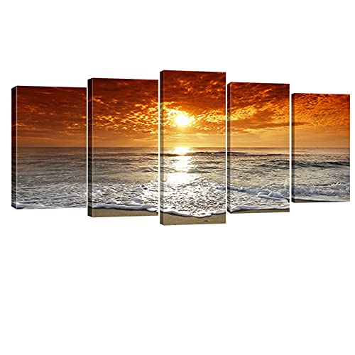 Wieco Art Grand Sight Extra Large 5 Panels Modern Landscape Artwork HD Seascape Giclee Canvas Prints Sea Beach Pictures to Photo Paintings on Canvas Wall Art for Home Decorations Wall Decor