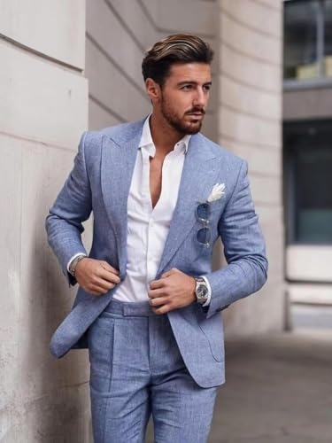 Mens Linen Suits 2 Piece Slim Fit Outfit for Summer Mens Suits for Beach Wedding Prom Suit Blazer Pants Set2