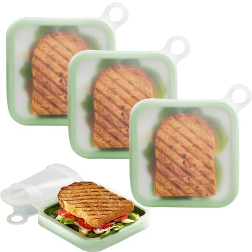 MdakeGo Paquete de 3 recipientes para sándwich, caja de sándwich para almuerzo, almacenamiento de sándwiches de silicona