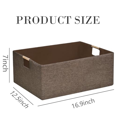 Image of Collapsible Storage Box 16.9 inchx12.5 inchx7 inch with Wooden Handles | Foldable Organizer for Closet, Shelves, Toys & Cosmetics | Durable Linen-Polyester Fabric | Space-Saving Home Organization 2Pack
