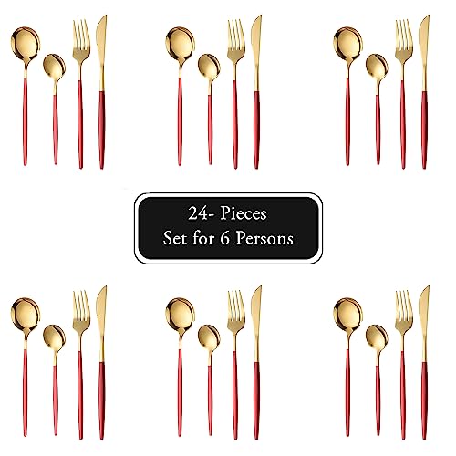 Image of Stainless Steel Red Gold Cutlery Set for 6 Person with Gift Box 24 Pieces Mirror Finish Luxury Premium Flatware Set for Dining Table Hotel Cafe Bar Restaurant House Warming Gifts