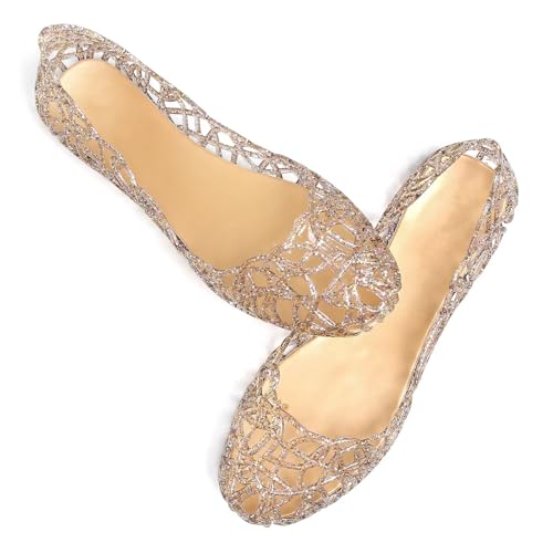 Image of Stunner Women Beach Jelly Shoes Slip On Crystal Summer Hollow Ballet Flats | Summer Cool PVC Breathable Outdoor Indoor Dressy Flat Sandals for Holiday Shopping Spa Swimming Pool