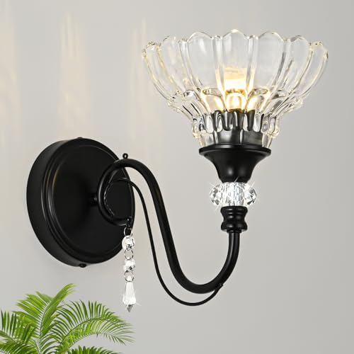 Image of 1 Piece Black Wall Sconce, 1-Light Black Farmhouse Wall Sconce with Hanging Crystal Accents and Flower-Shaped Clear Shades for Bathroom Bedroom Living Room,Vintage Vanity Light
