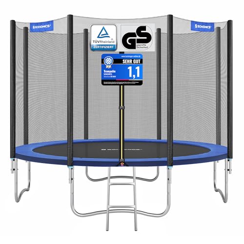 SONGMICS Trampolin Ø 366 cm, Gartentrampolin für Kinder mit Sicherheitsnetz, Randabdeckung, Leiter, 180 cm hohe gerade Stangen, Stahlrahmen, blau STR124V1