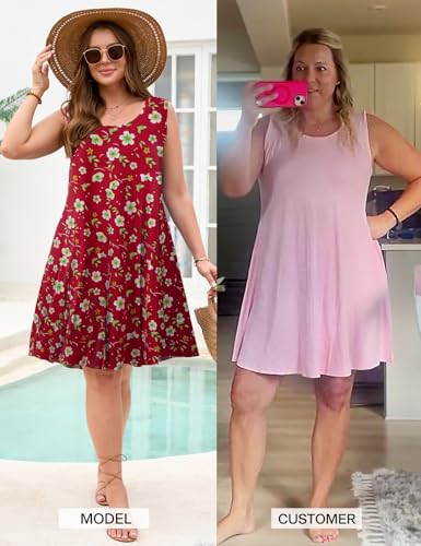 Image of JollieLovin Women Plus Size Curvy Summer Tank Sun Dresses Sleeveless Causal T-Shirt Dress Beach Swing Cover up(L-5X)