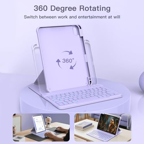 Image of RAYMCRAFT for iPad 11th(A16, 2025) /10th Generation Case with Keyboard, 360 Rotatable Case & Detachable Backlit Keyboard, Precision Cutouts and Pen Holder for iPad A16 11'' /10th 10.9'', Purple