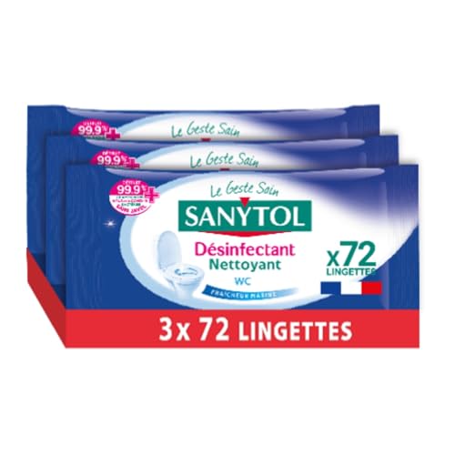Sanytol - Lingettes Désinfectantes WC - Senteur Fraîcheur Marine - Lot de 3 x 72 - Bactéricide, Virucide, Fongicide - Sans Javel, Fabrication Française, 100% Fibres d’Origine Végétale