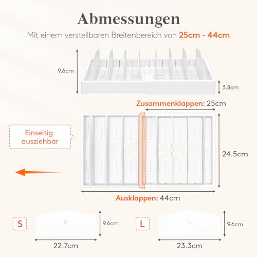 Lifewit Deckelhalter erweiterbar von 25-44 cm, Deckel Organizer aus Kunststoff, Schubladen Organizer Küche für Frischhaltedosendeckel, Aufbewahrungsbox für Deckel mit 8 verstellbaren Trennwänden, Weiß 2