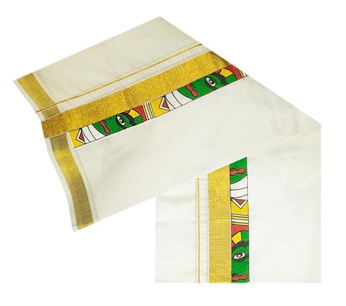 Image of Mens Print along with Border 100% Cotton Cream Dhoti 4.00 Meters Double Mundu /Vesti