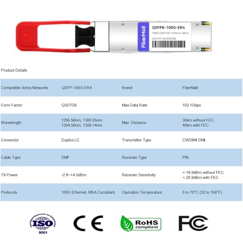 Image of QSFP28 100G ER4 Lite Transceiver Module,Compatible with Arista Networks QSFP-100G-ERL4,100GBASE-ER4 QSFP28 1310nm LAN WDM 40km with FEC,30km Without FEC LC SMF DDM