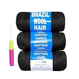 3 Roll Natural Black Brazilian Wool Hair Yarn for Jumbo Braids Braiding Hair for Soft Faux Locs Goddess Locs Hair Extension Senegalese Twist Crochet Hair for Black Women (1B, 3Roll)