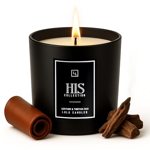 Lulu Candles | Leather & Tibetan Oud - His Collection | Luxury Scented Soy Jar Candle | Hand Poured in The USA | Highly Scented & Long Lasting- 9 Oz.