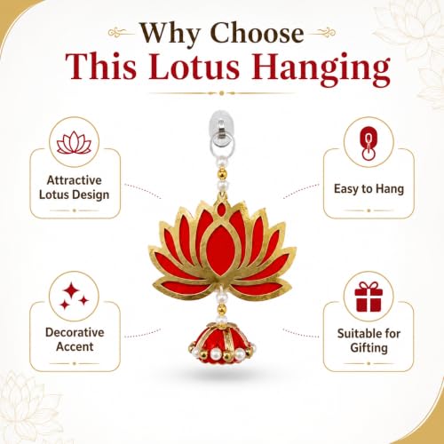 Image of Religious Door Hanging Decor with Pearl Beads & Tassel, Wooden Wall Hanging for Home Temple, Pooja Room, Entrance, Mandir Decoration & Spiritual Gift, Red Lotus