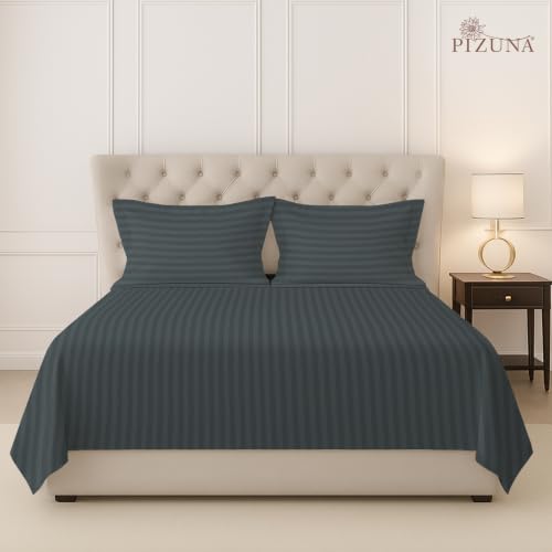Image of Pizuna 100% Cotton Bedsheet Super King Size with 2 Pillow Covers, 300 Thread Count Long Staple Cotton, Stripes Pattern Flat Bed Sheet 108X108 Inch for Superking Bed, Anthrazit-Grey