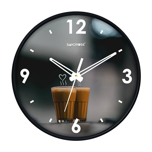 Image of SANDROSE Plastc Chai Tea Printed Analog Wall Clock for Living Room Stylish with Glass for Home, Clock for Bedroom Stylish, Hall, Kitchen, Office (Multicolour, 10 inch, 24 cm x 24 cm x 4.5 cm)