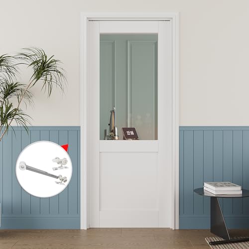Image of 36 inch x 80 inch Half Clear Glass Pocket Door, Soft-Close Sliding Pocket Door with Frame & Hardware Kit Set, Primed All-Inclusive Interior Door Slab for Home, White, Need to Assemble
