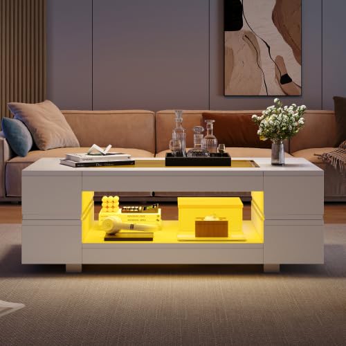 Merax Moderner Couchtisch Weiß 100x50x35cm mit LED-App-Steuerung, Wohnzimmertisch & Beistelltisch Couch, 2 Ebenen Stauraum, Wohnzimmer möbel, höhenverstellbar Coffee Table