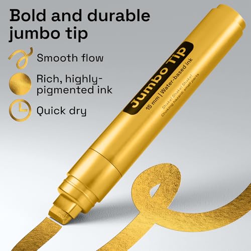 Image of ARTISTRO 5 Gold Paint Pen for Rock, Glass, Ceramic, Wood, Tire, Fabric, Metal, Canvas, Marking, Painting - Set of 5 Acrylic Paint Markers Water-based - Jumbo Tip