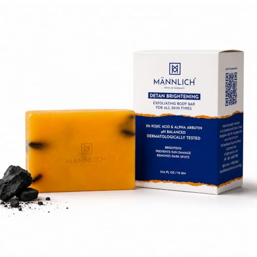 Image of Mannlich 2% Kojic Acid Exfoliating Soap with Alpha Arbutin, Glycolic Acid, Niacinamide & Activated Charcoal | For Pigmentation, Dark Spots, Tan Removal, Brightens Underarms | pH Balanced, SLS Free, Dermatologically Tested | 75 g (Pack of 1)
