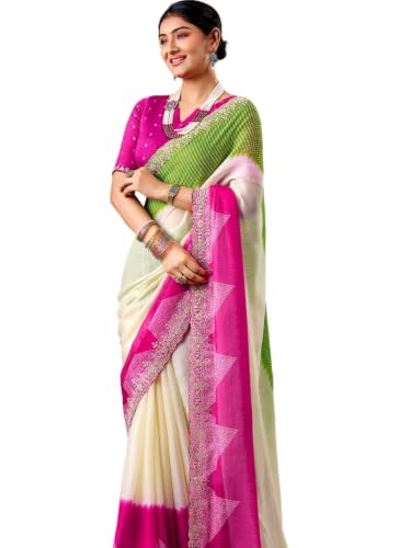 Image of SIRIL Women's Chiffon Bandhani Printed Saree, Sequence Embroidery Border