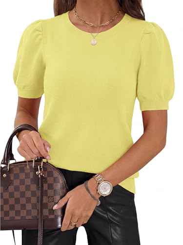 Image of PRETTYGARDEN Womens Sweaters Spring 2026 Summer Puff Short Sleeve Sweater Trendy Cute Knit Work Blouses Business Casual Tops
