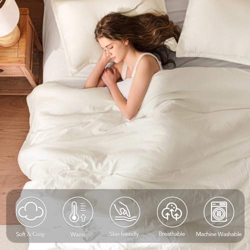 Image of Queen Comforter Set Prewashed Lightweight Quilted Bedding for All Season | 3PCS Cream White Breathable Down Alternative Bedding Set with 1 Solid Comforter (90 inchx90 inch) and 2 Soft Pillowcases