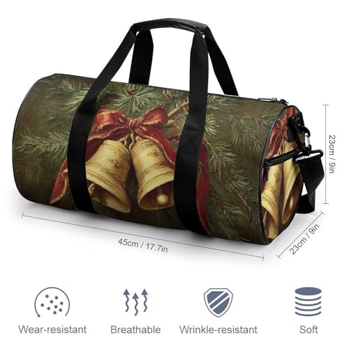 Vintage Two Golden Bells Red Ribbon Travel Gym Bag for Women Men Cylindrical Duffle Bag Sport Workout Bag with Shoulder Strap2