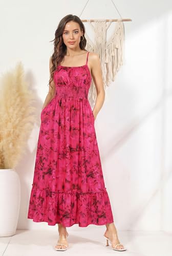 Image of GRACE KARIN Summer Dresses for Women 2026 Vacation,Smocked Floral Maxi Dress,Boho Beach Sundress with Pocket Fashion Clothing