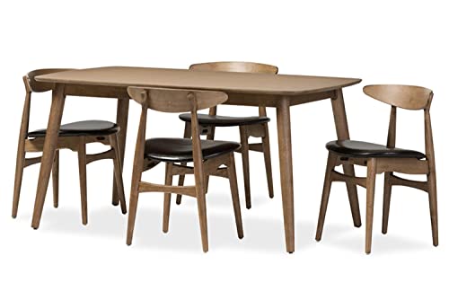 Baxton Studio Edna Mid-Century Modern French Black Faux Leather And Oak Light Brown Finishing Wood 5-Peice Dining Set #TOP7